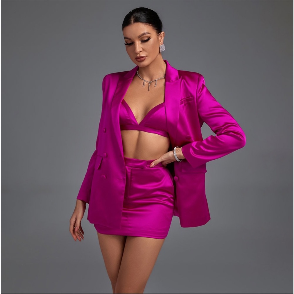Fuchsia Satin Blazer, Bralette and Mini Skirt Set - NWT